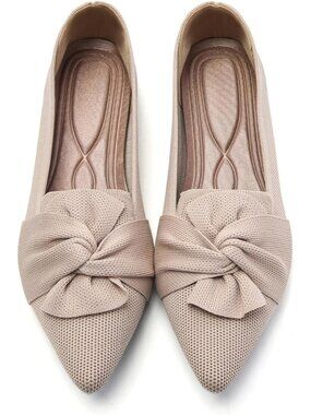 Women's Beige Bow Pointed Toe Pull On Comfortable Knit Dressy Ballet Flat Shoes